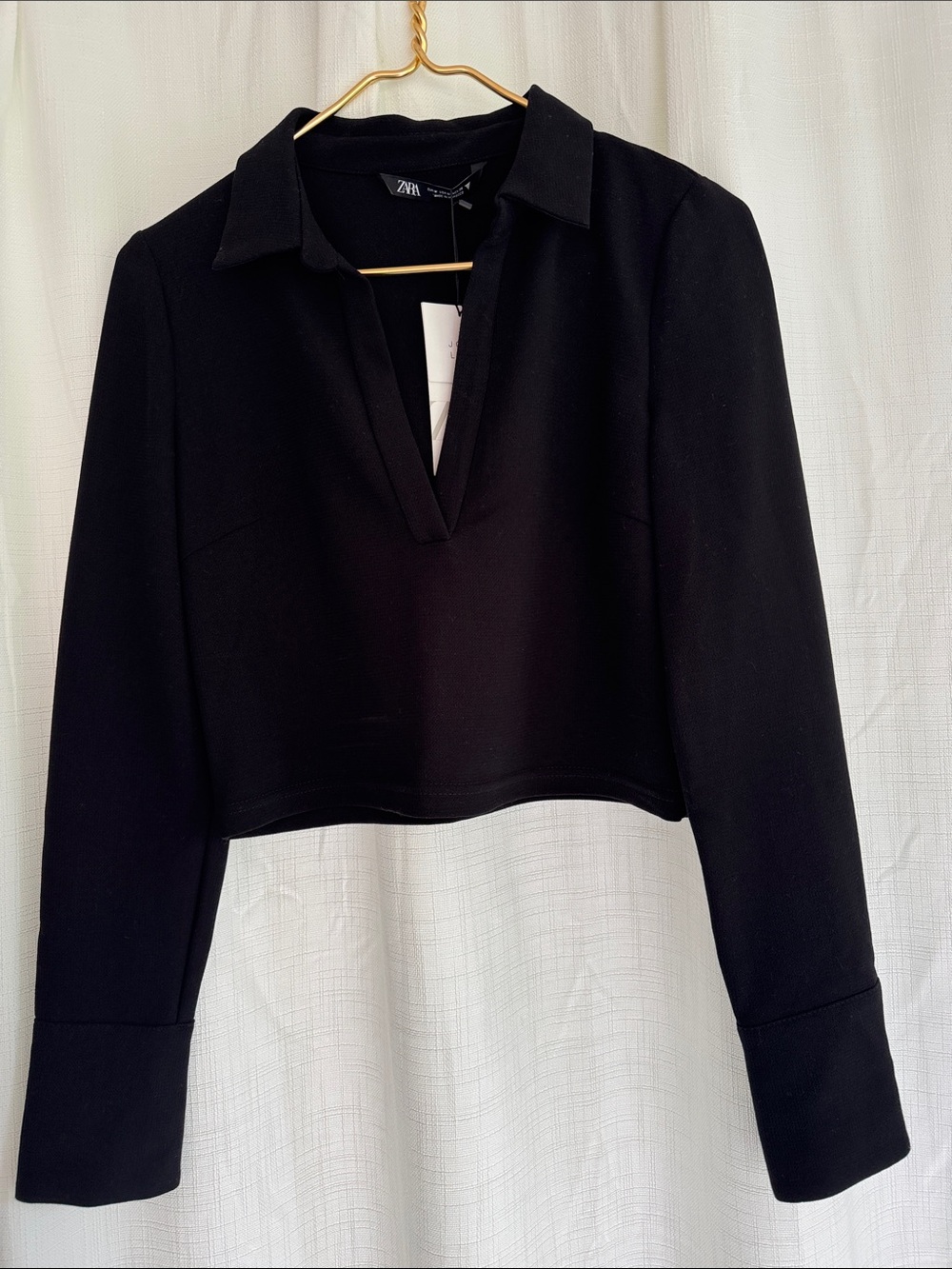 Zara Black Cropped Collared V-Neck Long Sleeve Top